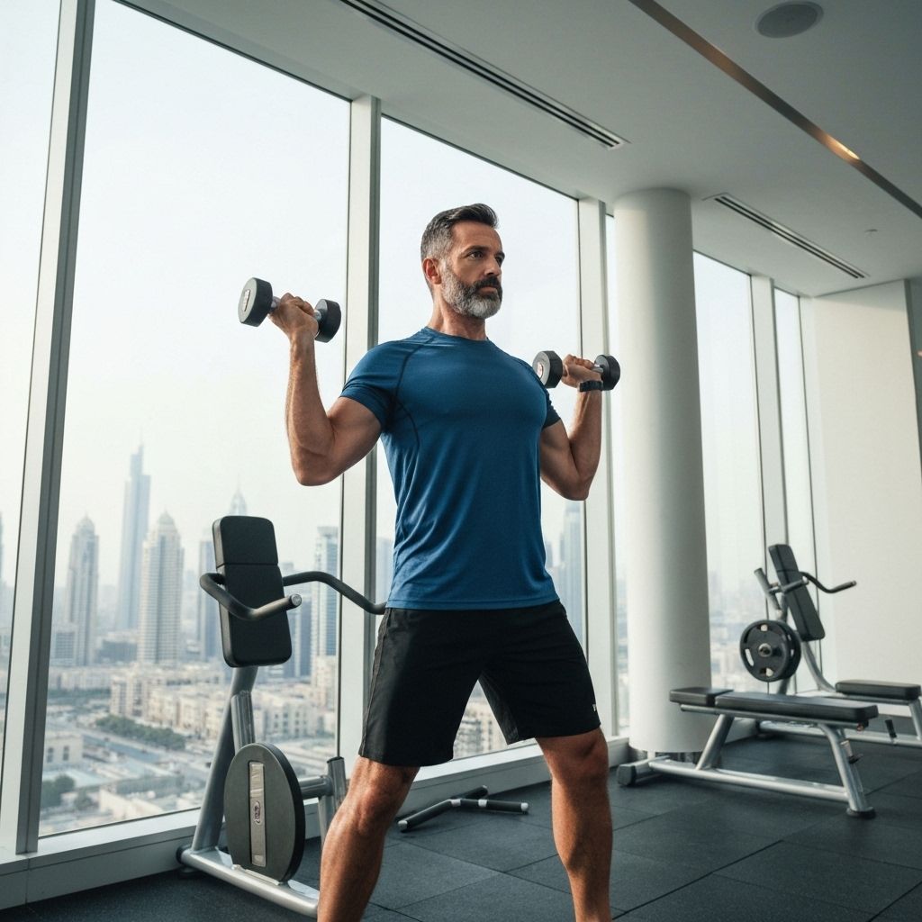 Man lifting weights in a modern Dubai gym with Burj Khalifa view