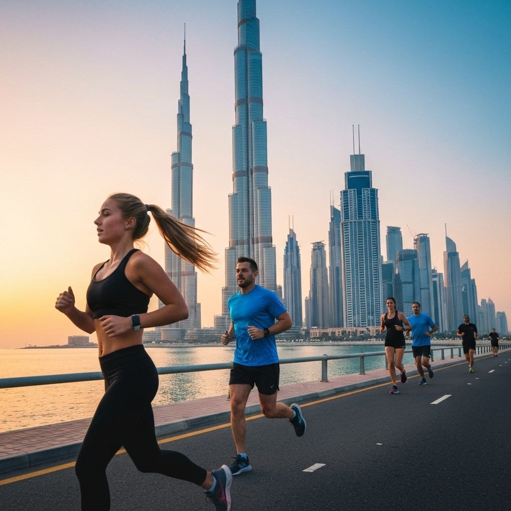 Fit men and women participating in Dubai Fitness Challenge run with Burj Khalifa backdrop