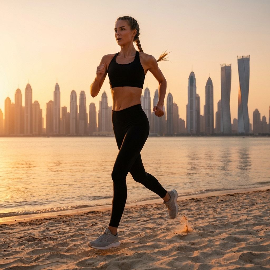 Fit woman running on Dubai beach during sunrise